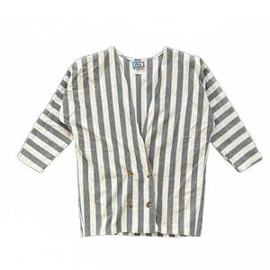Poof Womens Blue White Striped Button Front Blouse‎ 3/4 Sleeve Shoulder Pads 8